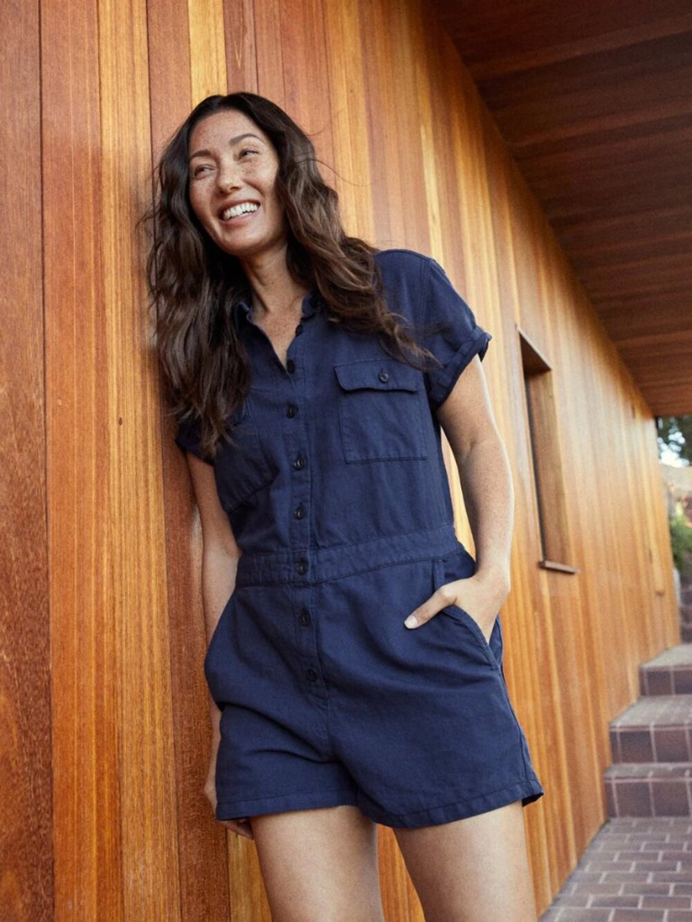 Outerknown S.E.A. Suit Shortall Navy Short-Sleeve Utility Romper Size L